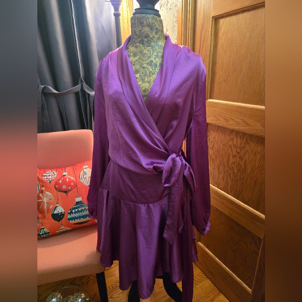 NWT Long Sleeved Silky Wrap Skater Dress, Fuscia, Size 20